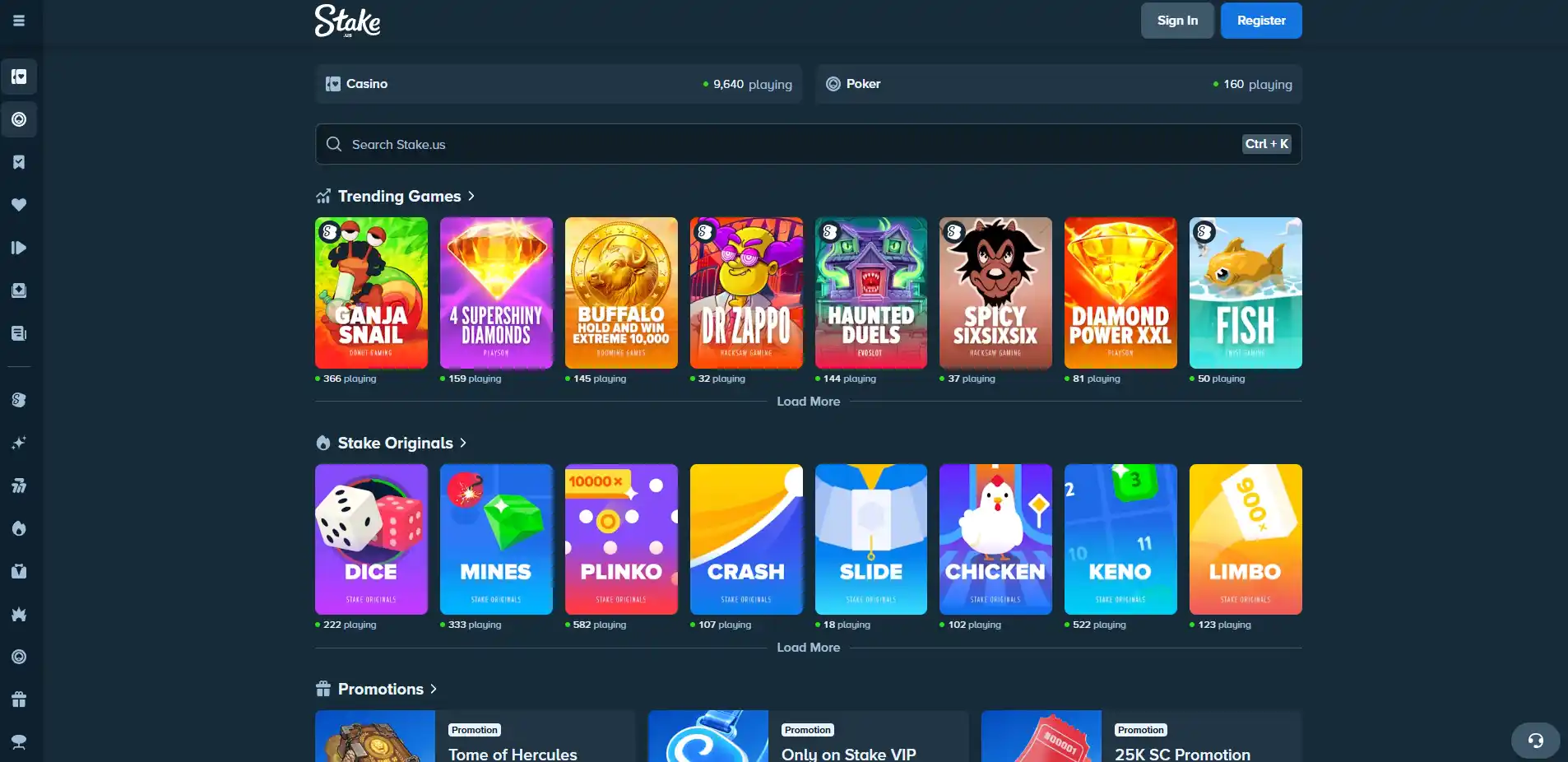 StakeUS interface showing Gold Coins and Stake Cash controls in the same casino view