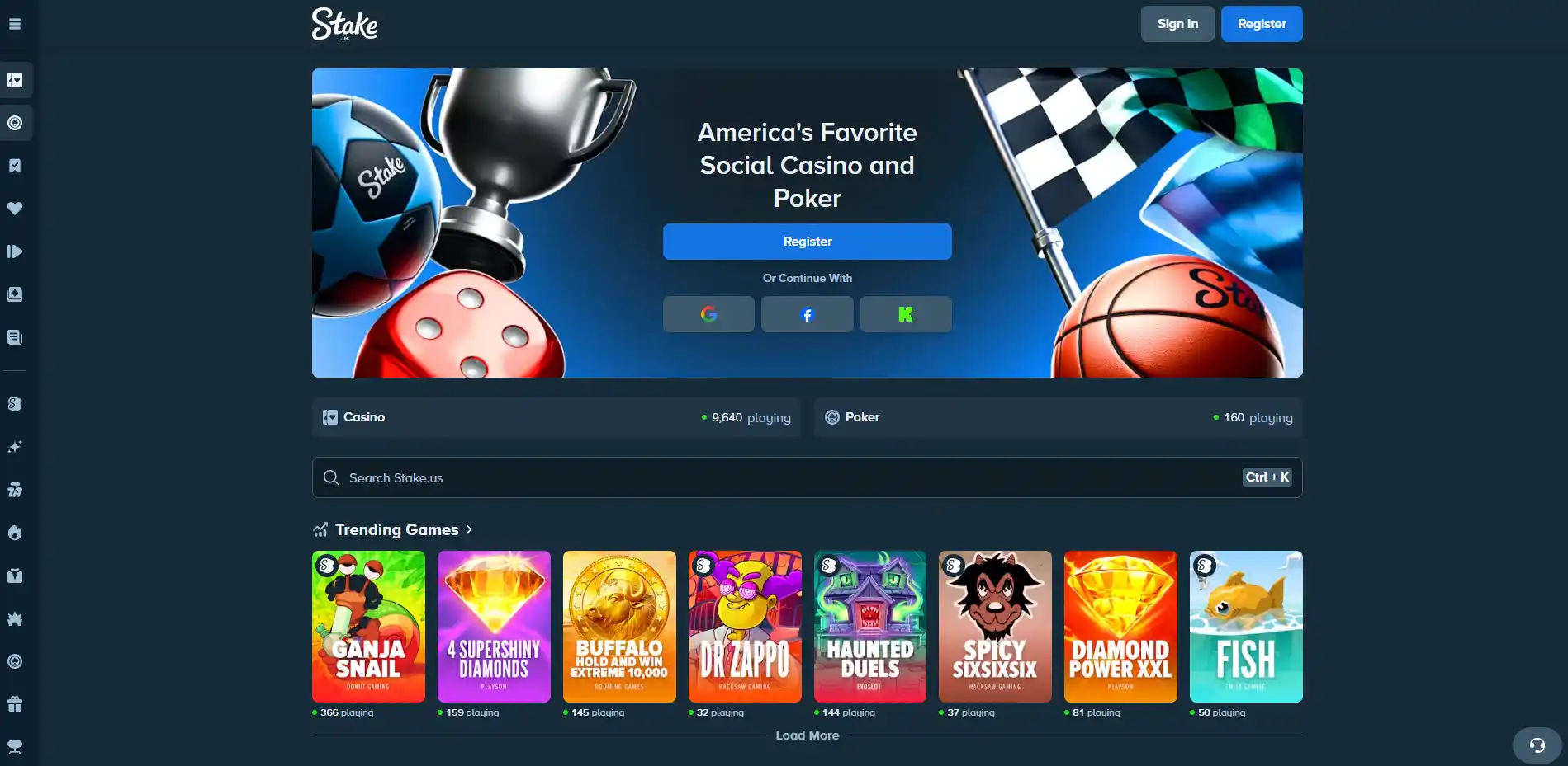 StakeUS public homepage showing casino navigation and game-category browsing