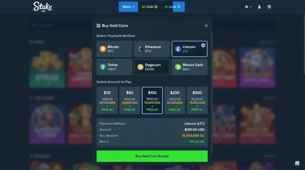 StakeUS wallet interface showing Gold Coin purchase payment options and Stake Cash context
