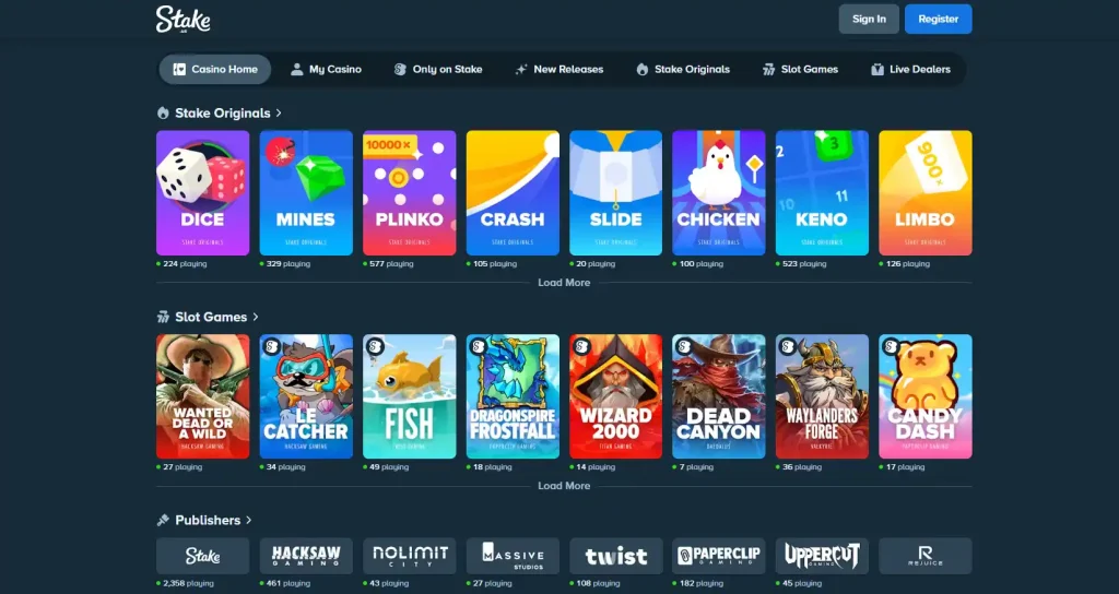 StakeUS casino lobby showing game-category navigation and representative game tiles
