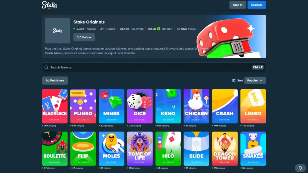 StakeUS Originals section showing proprietary games such as Dice, Plinko, Mines, Crash and Limbo