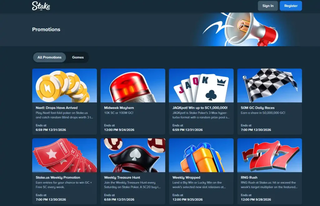 StakeUS rewards interface showing Gold Coin and Stake Cash reward labels