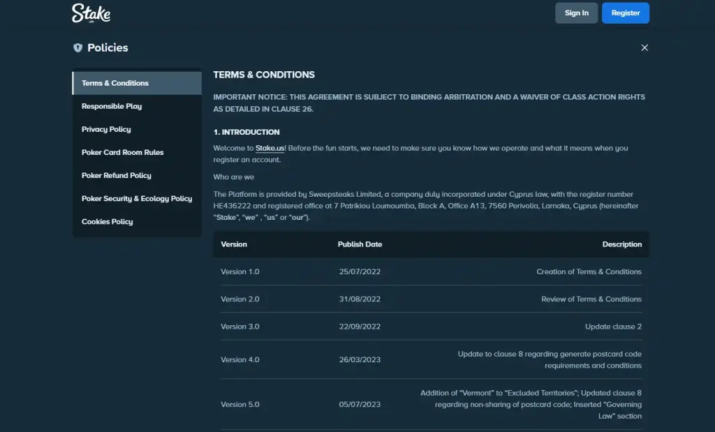 StakeUS Terms and Conditions page showing eligibility and location access restrictions